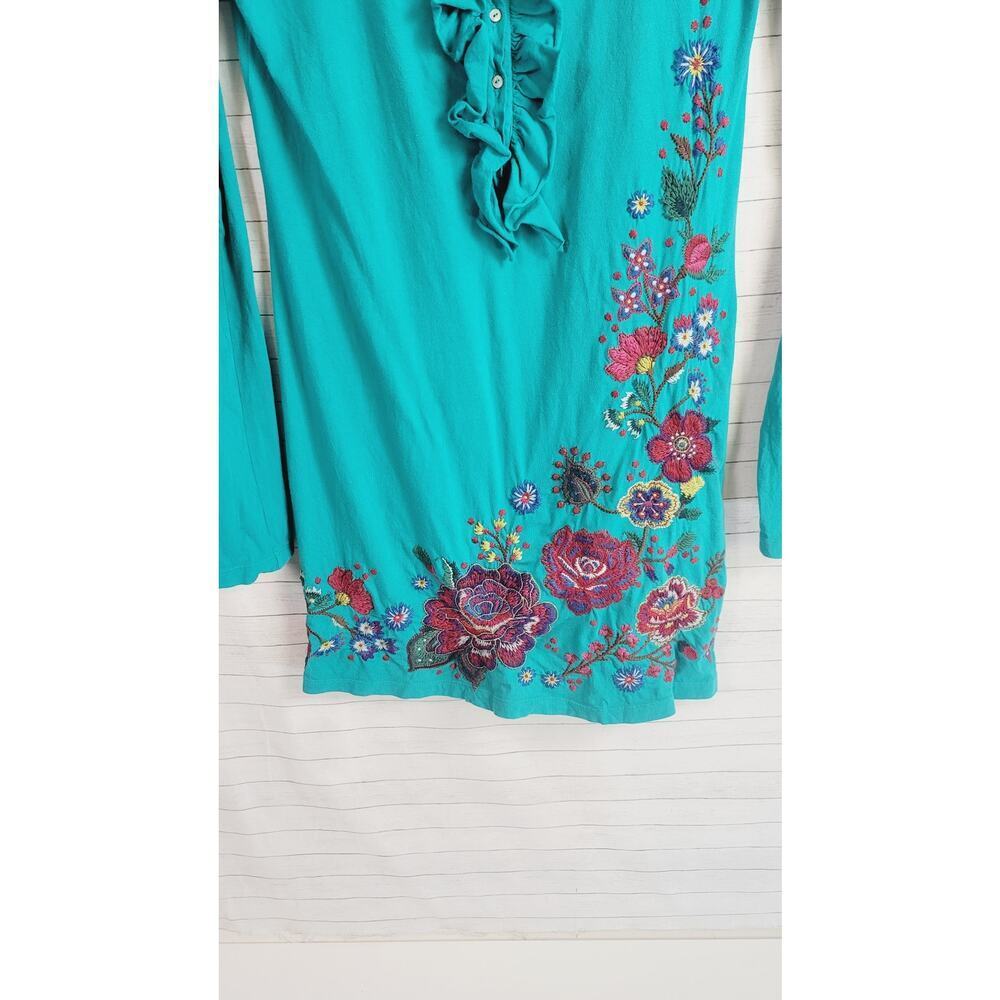 Johnny Was LA Embroidered Ruffle Button Front Teal Long Sleeve Blouse, sz Med - Picture 14 of 15